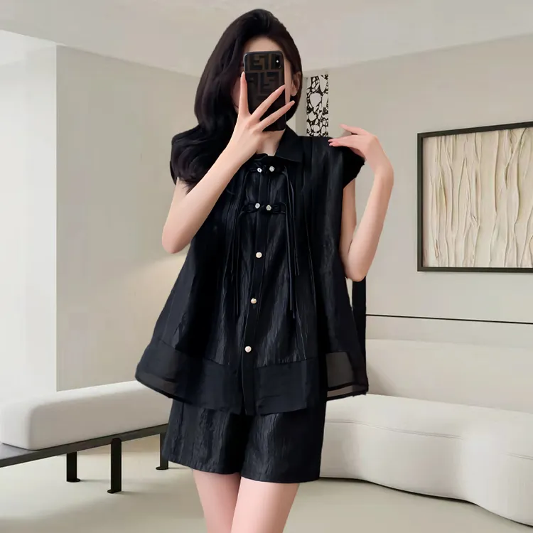 洋气高档套装女夏季新款宽松大码女装新中式衬衫短袖短裤两件套女