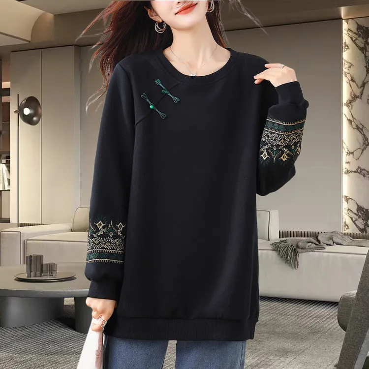 新中式国风女士刺绣卫衣2025秋新款大码宽松休闲显瘦长袖上衣