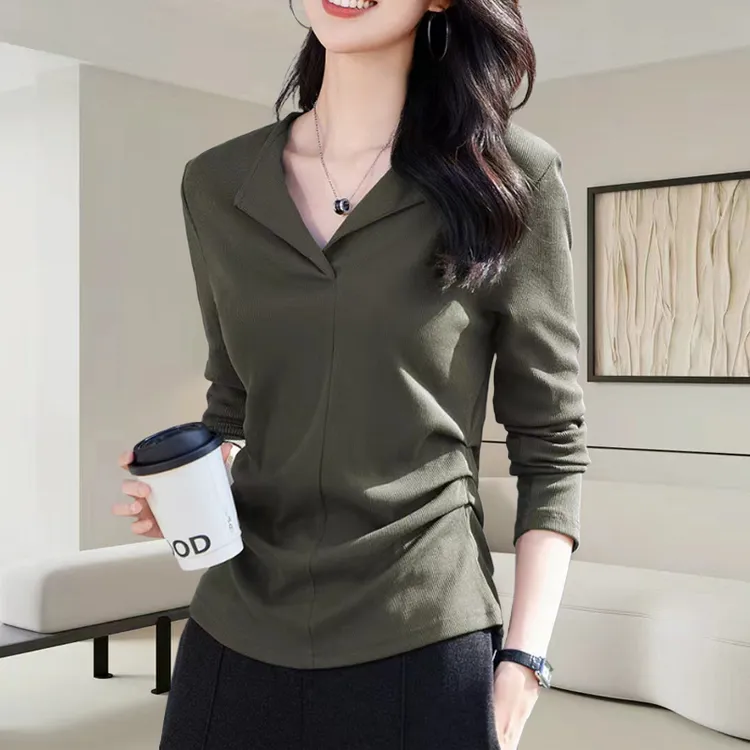 高级感纯色翻领长袖T恤2025秋季新款大码休闲气质内搭收腰上衣