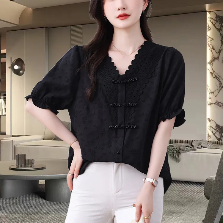 国风蕾丝衬衫女2025夏季新款高端欧货大码胖MM宽松遮肚显瘦上衣女