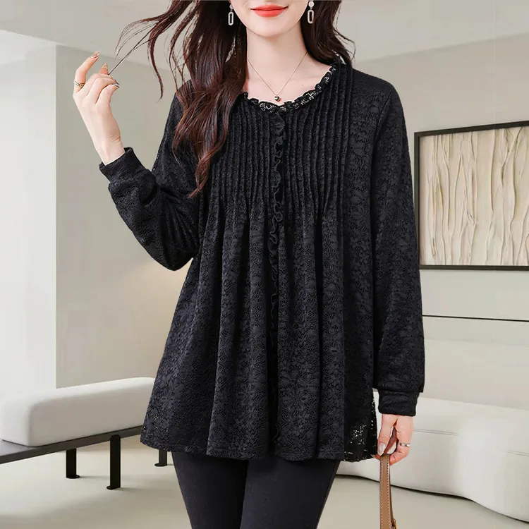 设计感蕾丝衬衫大码女装2025新款秋冬季加绒加厚法式气质宽松上衣