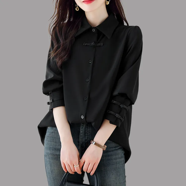 新中式国风黑色衬衫女秋季2026新款宽松大码气质休闲复古盘扣上衣