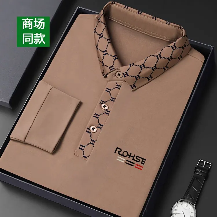 断码鄂尔多斯市长袖t恤男春秋新款高档格子领中年爸爸Polo衫