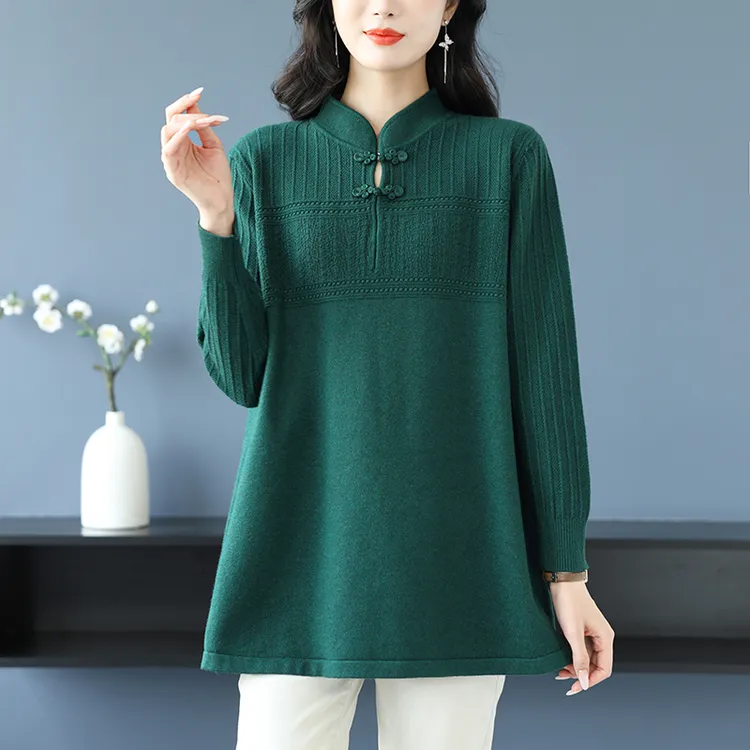 女士毛衣秋冬中长款大码中老年女装打底衫遮肚妈妈新中式立领上衣