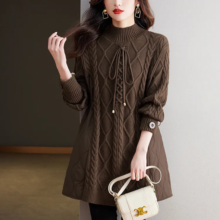 大码女秋装新款胖mm高级感上衣外穿加厚拼接毛衣中长款A字打底衫