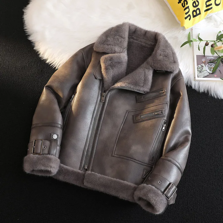 冬装重工外套男皮毛一体加绒加厚翻领机车夹克宽松潮牌男装短款