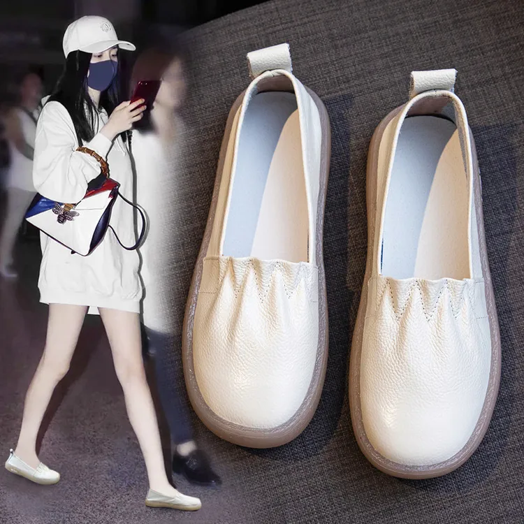 万达撤柜头层牛皮镂空小白鞋女2024春夏新款一脚蹬乐福鞋女软底孕