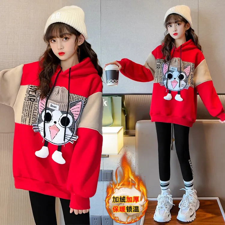 女童卫衣加绒加厚冬装2024新款中大儿童女孩本命年衣