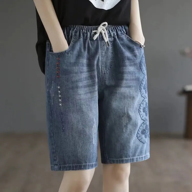 夏季薄款复古刺绣牛仔短裤女胖MM大码宽松显瘦五分直筒裤哈伦裤