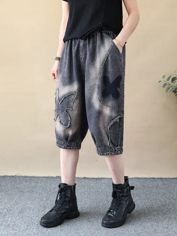 复古四叶花蝴蝶贴布毛边牛仔六分裤女宽松拼接外穿薄款中裤夏裤