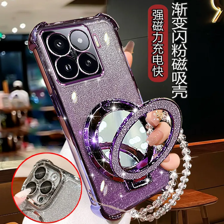 适用小米15手机壳女潮5G新款镜头全包Xiaomi15闪粉软壳带镜子支架