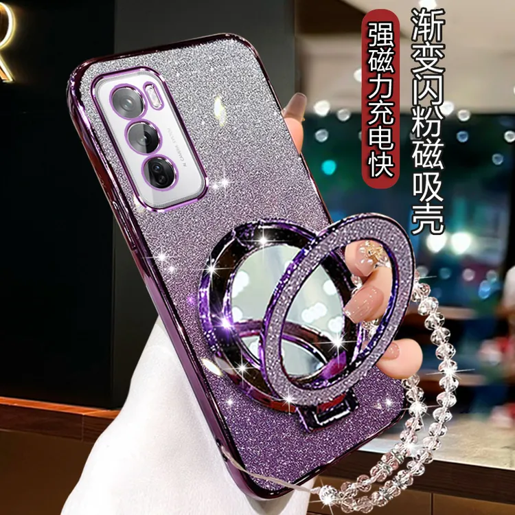 opporeno12手机壳带镜子支架 Reno12pro网红高级闪粉PJV110软壳5G