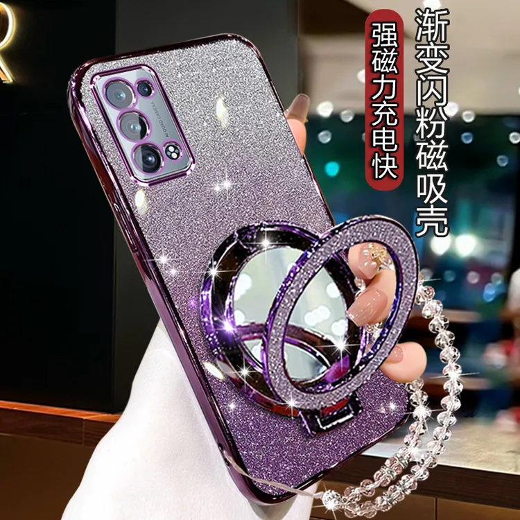 OPPOreno6pro+曲屏手机壳rano6por+全包PENM00网红闪粉软壳镜支架