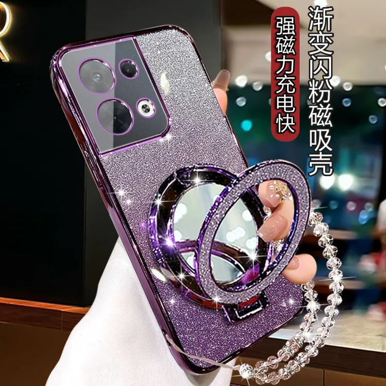 OPPOReno9pro+曲屏手机壳电镀闪粉轻奢ren09por+网红带镜PGW110女