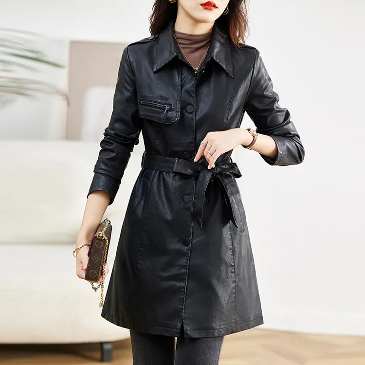 海宁真皮皮衣外套女中长款秋季新款绑带显瘦高档绵羊皮潮流外套