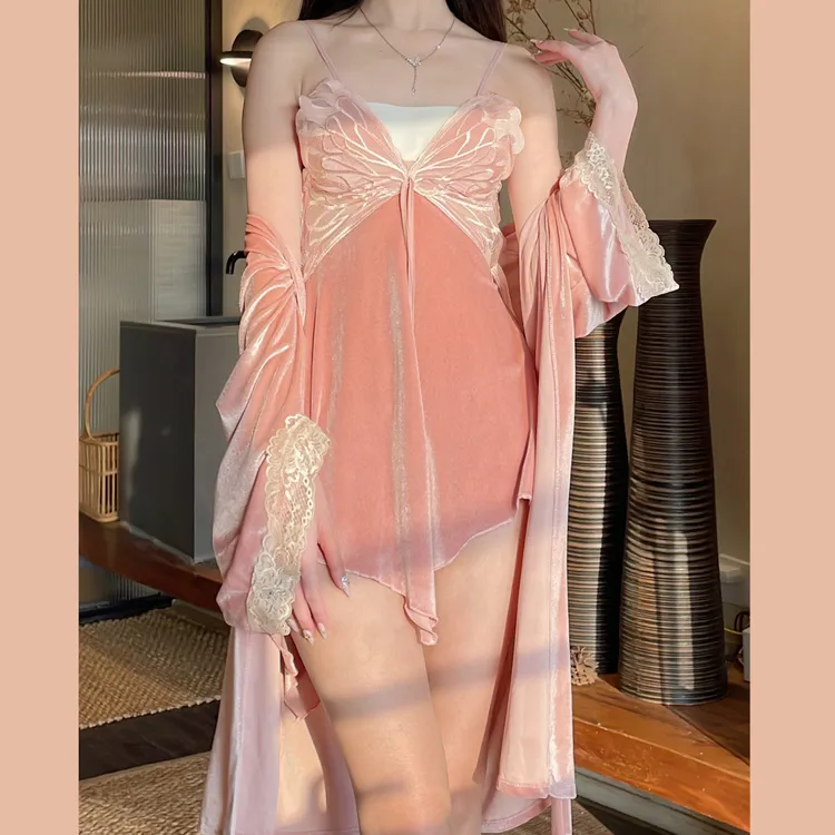 秋冬丝绒性感睡衣女2024新款纯欲风蕾丝吊带睡裙套装露背