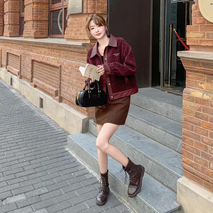 安可拉红小香风pu皮拼接短款外套女春秋今年流行又酷又飒韩系上衣