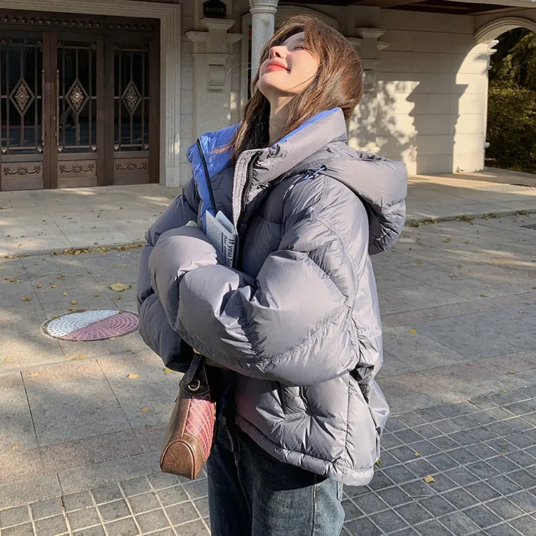 韩版灰蓝撞色90白鸭绒面包服女冬2025新款短款肯豆风小个子派克服