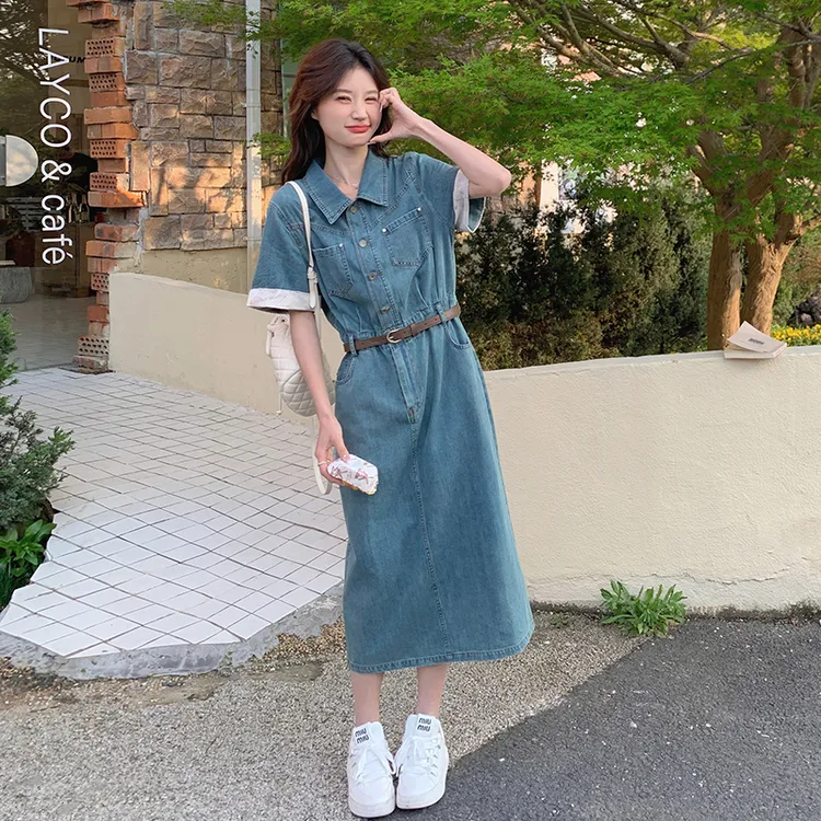 港风复古薄款牛仔连衣裙女夏季2024新款宽松显瘦小个子短袖衬衫裙