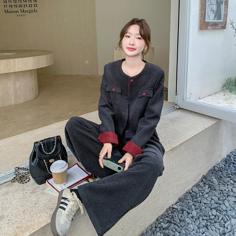 红色拼接小香风毛呢套装女秋冬搭配高级感气质轻熟风御姐大方得体