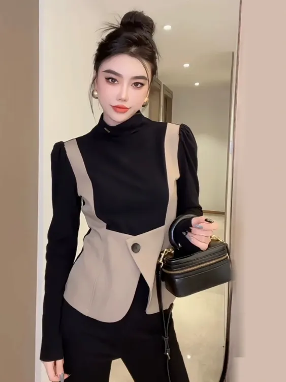 欧洲站2024早春新款女装时尚洋气假两件半高领长袖T恤小衫