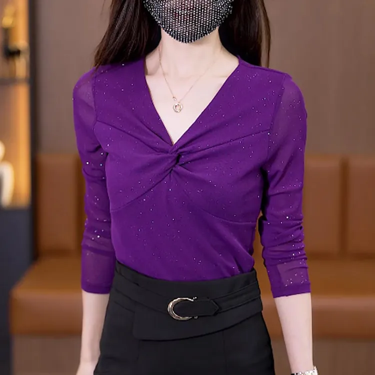 秋季新款2023网纱纯色V领百搭气质上衣T恤时尚洋气显瘦宽松打底衫