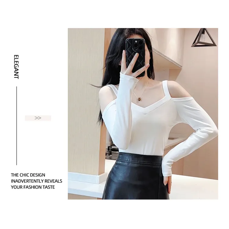 2024春秋螺纹新款打底衫女修身v领露肩显瘦百搭纯色长袖女士上衣