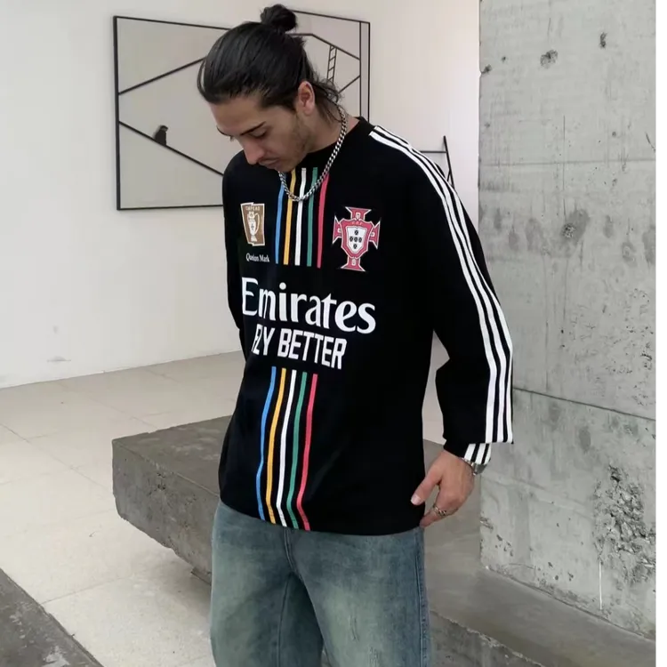 美式重磅纯棉球衣运动百搭潮牌T恤男宽松圆领卫衣男春秋时尚休闲