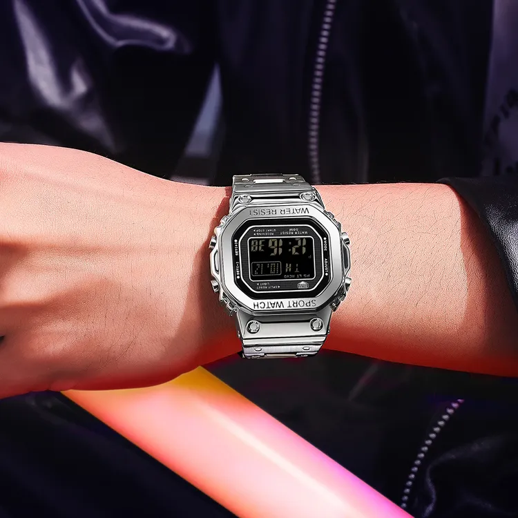 卡西男士腕表金属银砖小方表多功能夜光防水升级版时尚潮流中性表