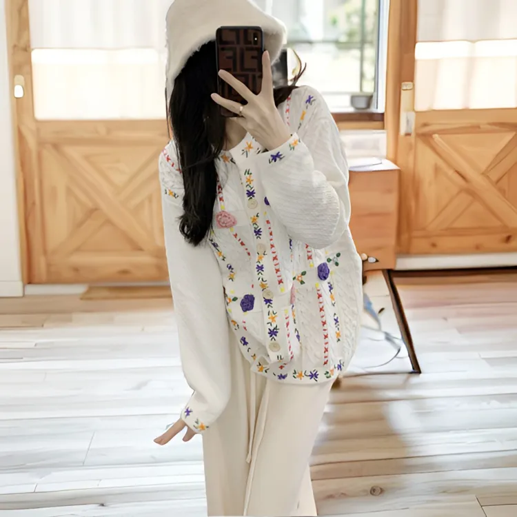 24早春现货可爱风长袖毛衣手工立体花朵百搭外套重工针织开衫上衣