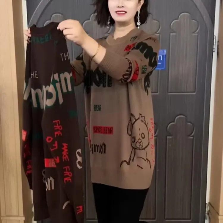 新款秋冬时尚妈妈针织衫长袖中长款舒适圆领百搭宽松套头妈妈上衣