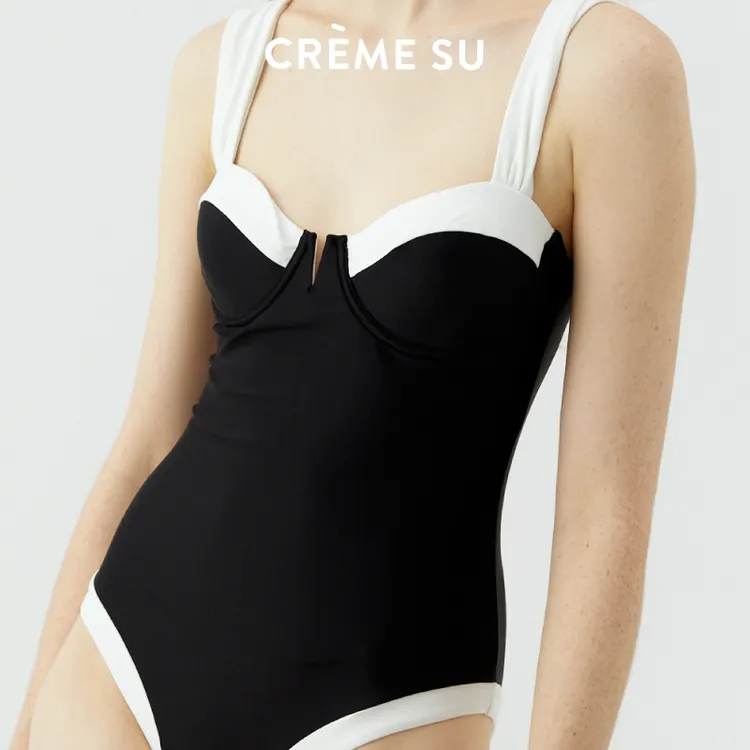 CremeSu海滨假期系列撞色泳衣女性感显瘦三角连体泳衣女度假温泉