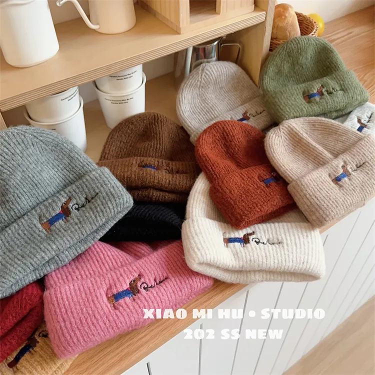 【专享】可爱腊肠狗刺绣儿童针织帽秋冬保暖休闲百搭宝宝套头帽