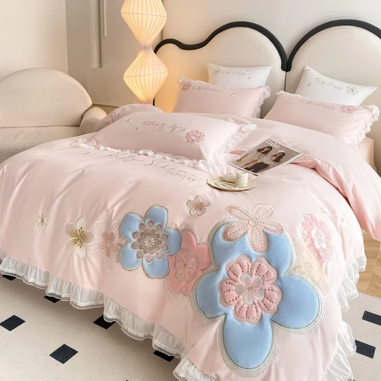 水星高档公主风少女心全棉磨毛四件套贴布绣花小清新加厚床上用品