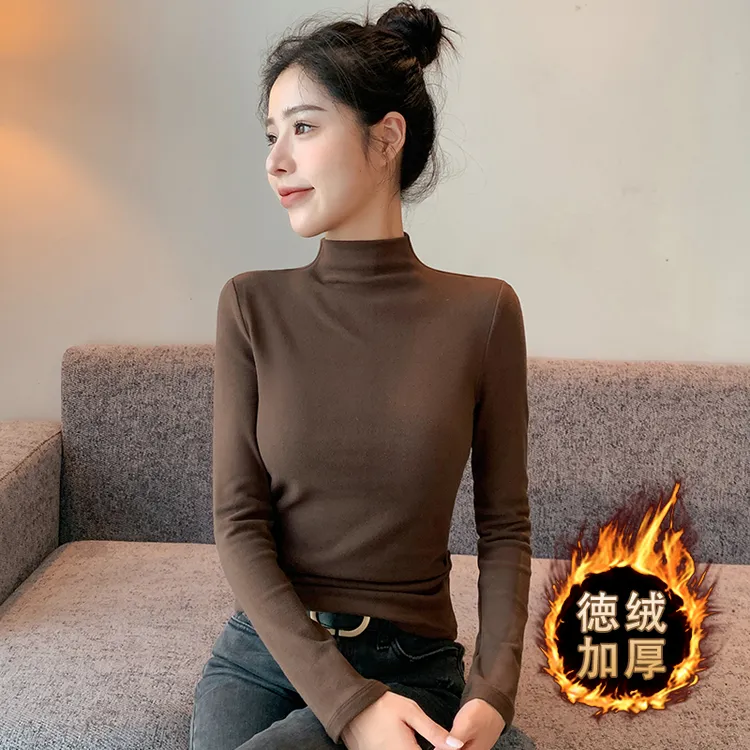 黑色德绒半高领打底衫女内搭反季加绒加厚保暖修身百搭长袖女t恤