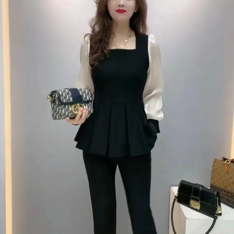 2025春夏新款显瘦气质长袖时尚法式收腰套装百搭拼接洋气衣服女