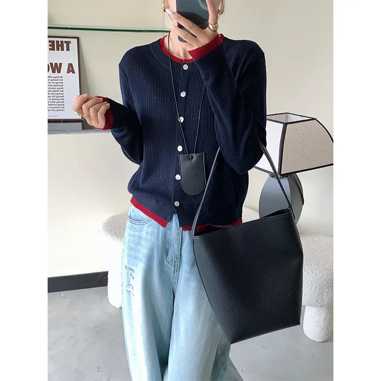 撞色针织衫开衫女秋冬圆领长袖冬季打底毛衣外套2025年新款高级感