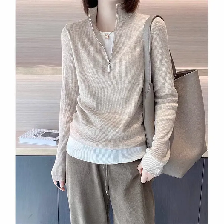 拉链立领针织衫女2025新款秋冬毛衣假两件长袖内搭半高领休闲上衣