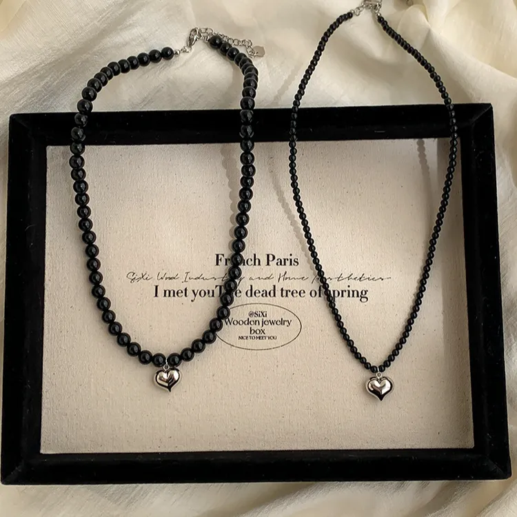 925银爱心黑玛瑙项链轻奢冷淡风新款锁骨链女小众高级感叠戴颈链