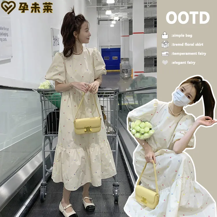 2024夏季连衣裙孕妇装甜美复古泡泡袖露背时尚气质孕妇连衣裙温柔