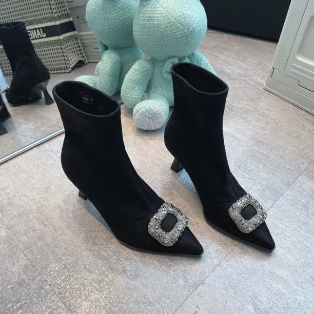 603-1时尚细跟6cm短靴气质百搭尖头秋冬跟鞋弹力靴瘦瘦靴加绒