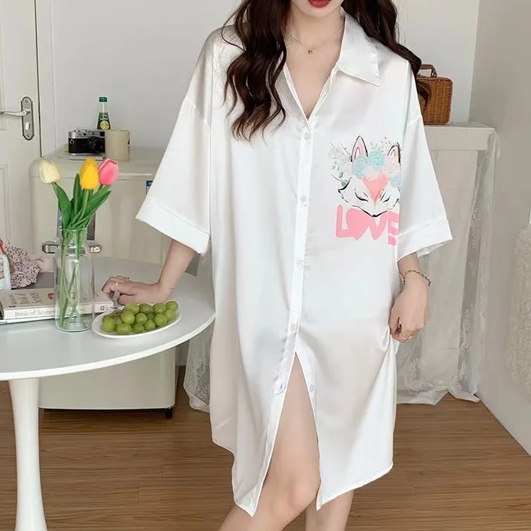 睡裙女款爆款2024新款薄款印花短袖衬衫裙中长款性感开衫家居服女