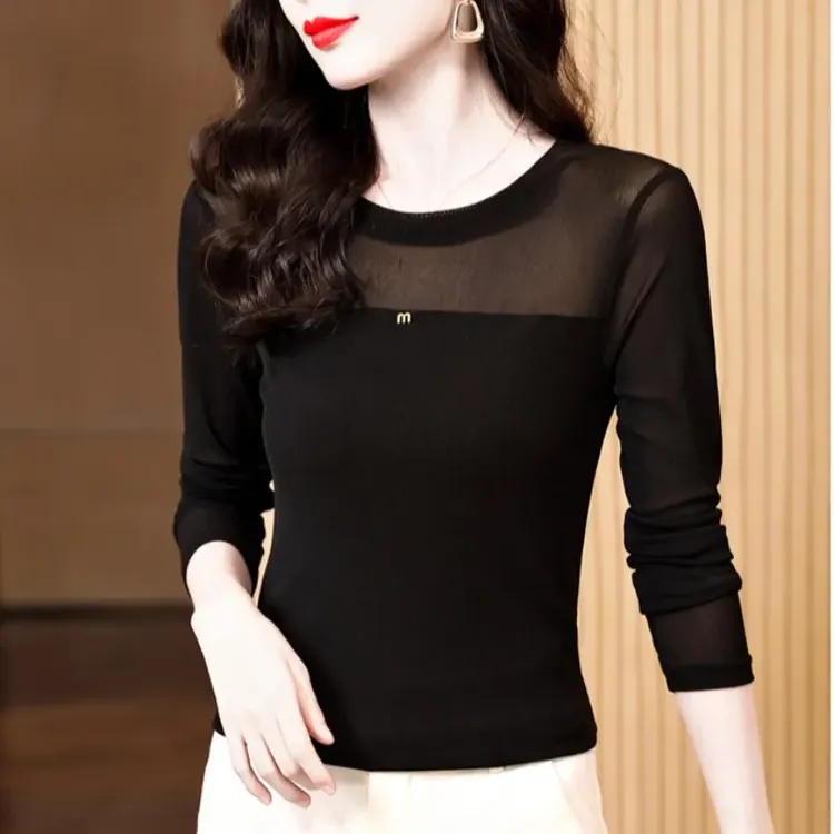 高端网纱打底衫女简约百搭修身洋气长袖T恤春秋小衫显瘦蕾丝上衣