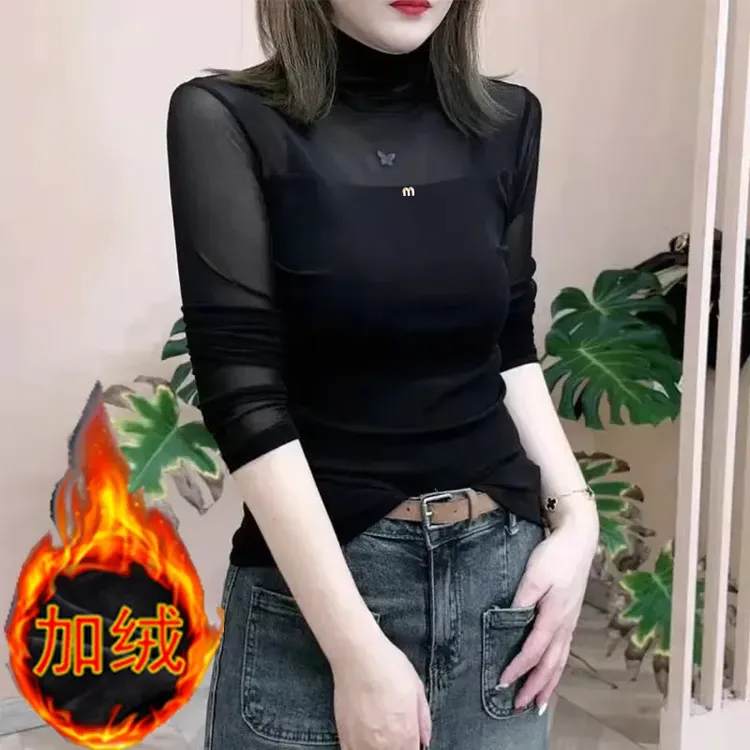 秋冬网纱打底衫女2025新款修身显瘦洋气小衫长袖沙衣T恤百搭上衣