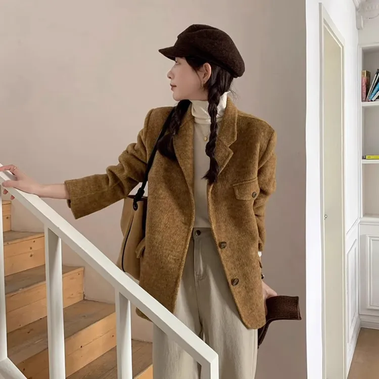 N她 冬冬新款短款西装双面羊毛大衣 长毛加厚双面毛呢保暖双11