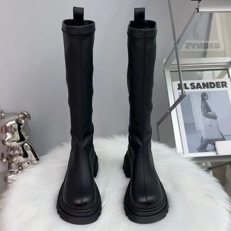女士真皮高筒春季骑士黑色长筒百搭鞋子女款爆款靴子女长筒靴