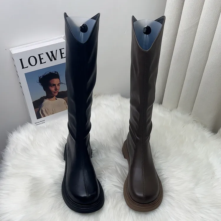 长筒不过膝平底女靴秋冬春季新款显腿长骑士靴芒果头后拉链设计