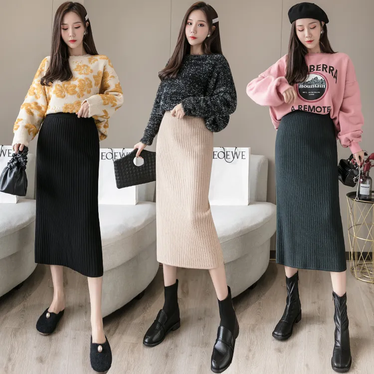 秋冬季新款爆款针织半身裙包臀裙一步裙女中长款加厚开叉毛线裙