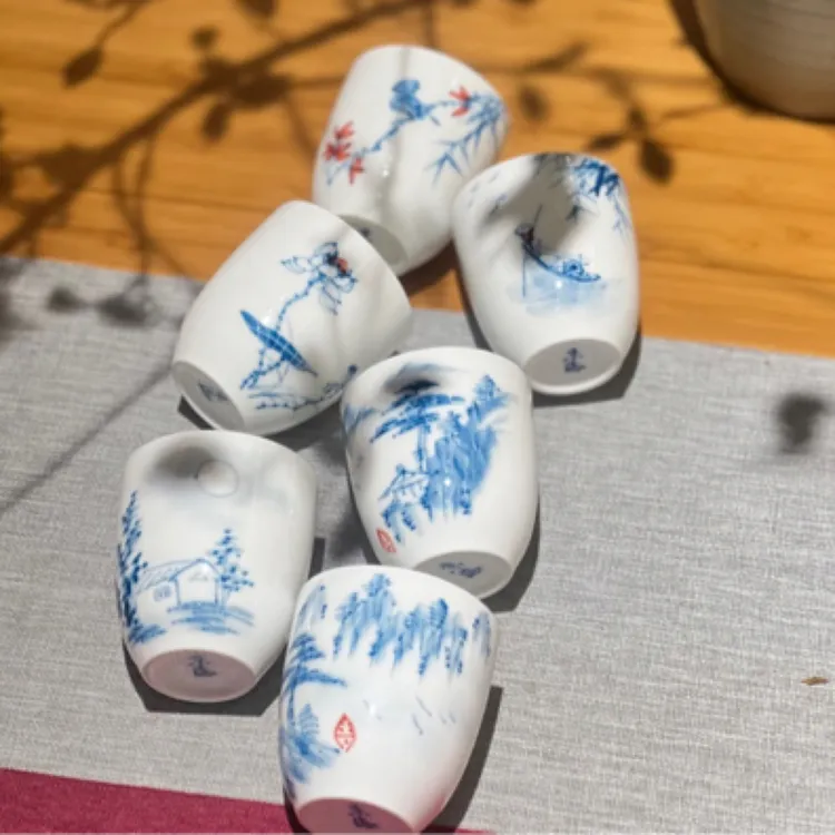 正品京德茶器手绘青花瓷山水六高杯闻香留香茶杯陶瓷品茗杯主人杯