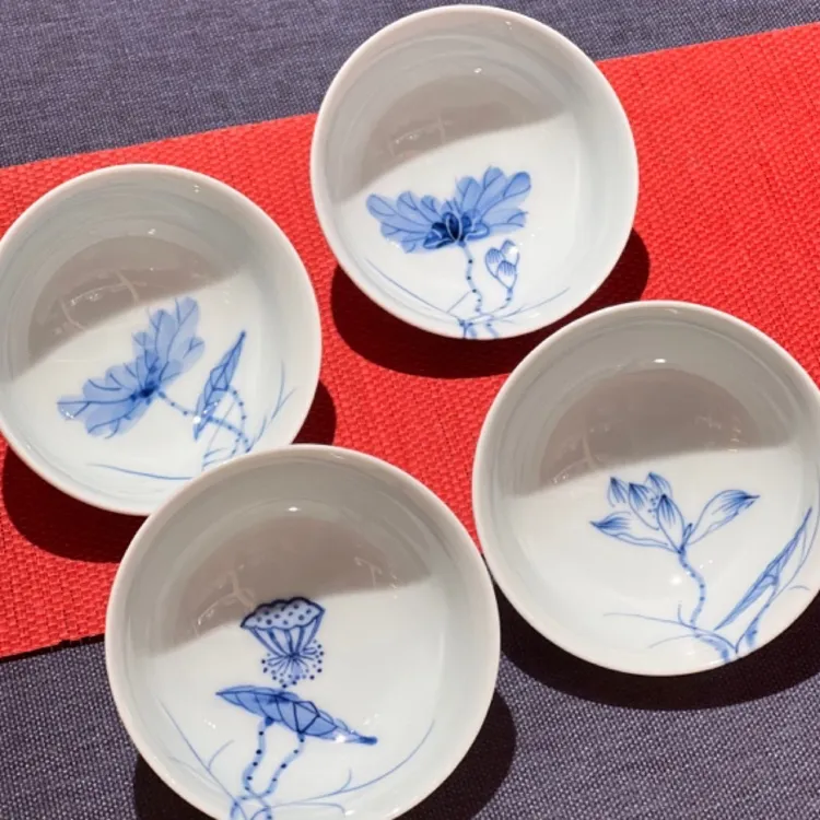 正品贵和祥手绘青花祥荷花鸡心四杯对杯普洱杯景德陶瓷茶杯品茗杯